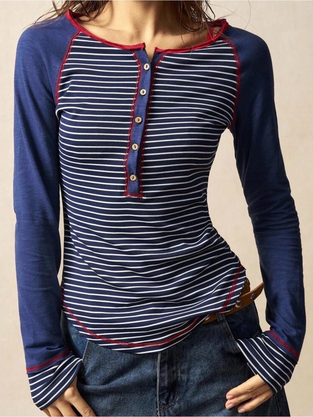 Striped Reglan Sleeve Henley With Contrast Stitching